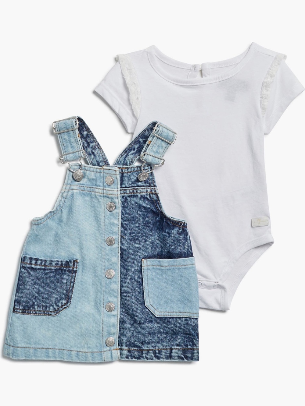 7 For All Mankind Two-Tone Blue Denim Pinafore with White Bodysuit